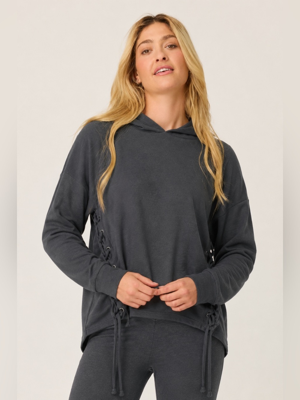PJ Salvage Waffle Cinched Side Tie Ruffle Loungewear Long Sleeve Hooded Sweater